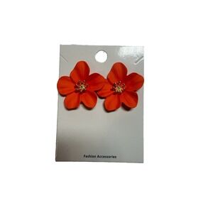 Fashion Jewelry -Orange Flower Dangle Stud Earrings with Gold Accents